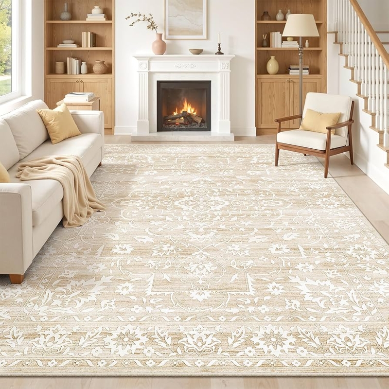 Area Rug Terracotta Accents Distressed Floral Beige Farmhouse