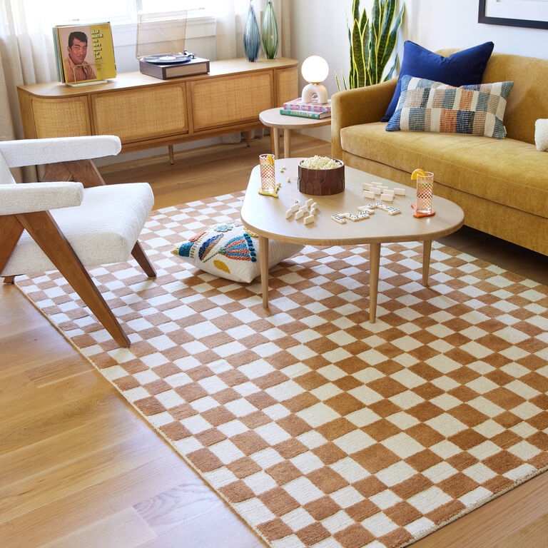 Area Rug: Terracotta And Ivory Wool-Like Mid-Century Style