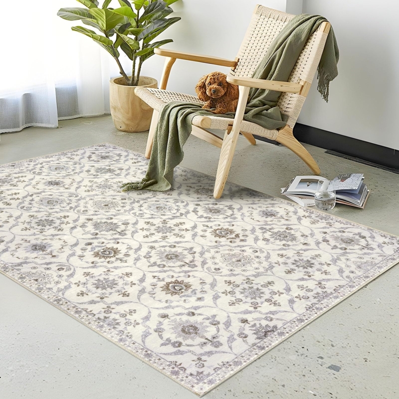 Area Rug, Terracotta Floral Ornate Border, Washable Vintage Style