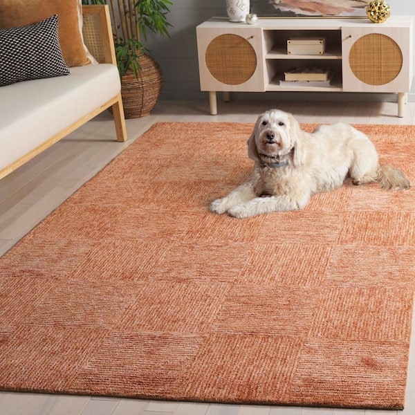 Area Rug Terracotta Geometric Carved Border Plush Pile Contemporary
