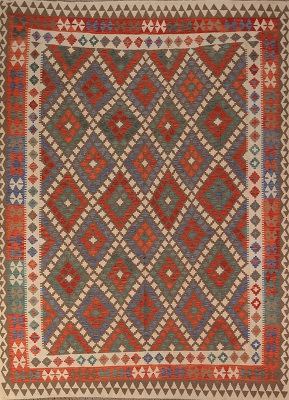 Area Rug Terracotta Geometric Diamond Motif Reversible Bohemian Style