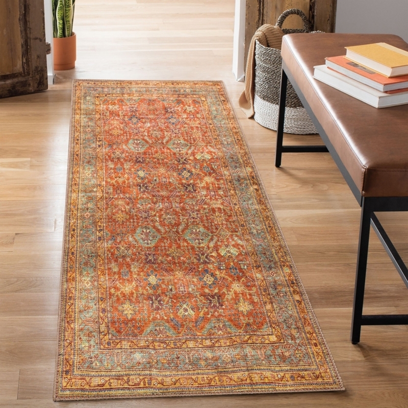 Area Rug Terracotta Mustard Palette Traditional Distressed Persian