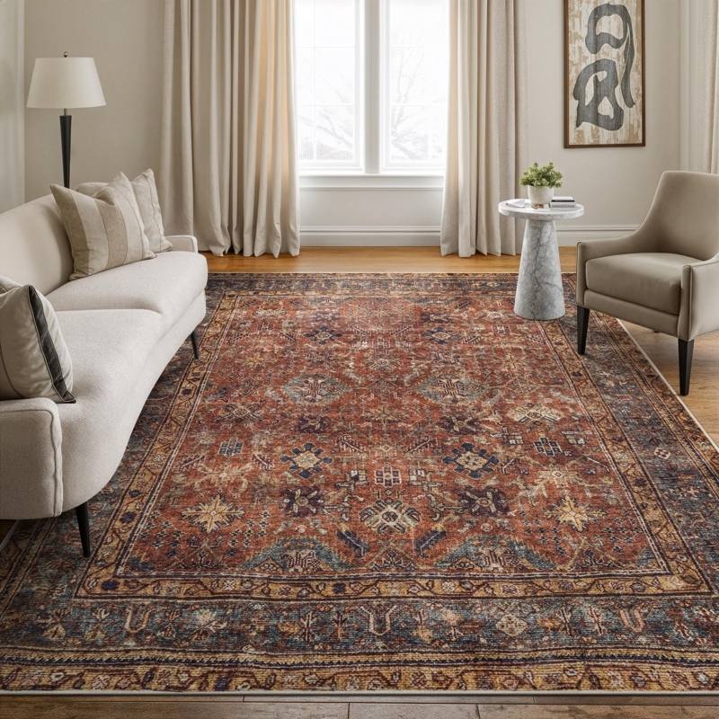 Area Rug Terracotta Mustard Traditional Vintage Faded Washable