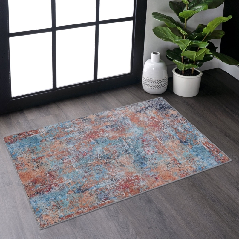 Area Rug Terracotta Navy Persian Medallion Distressed Living Room