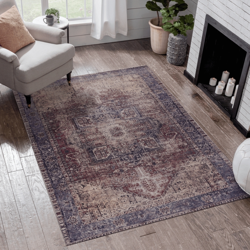 Area Rug Terracotta Palette Medallion Pattern Distressed Low Pile