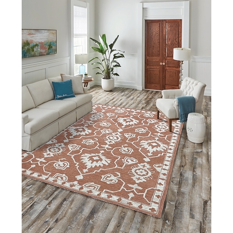 Area Rug Terracotta Wool Tufted Floral Botanical Border Traditional