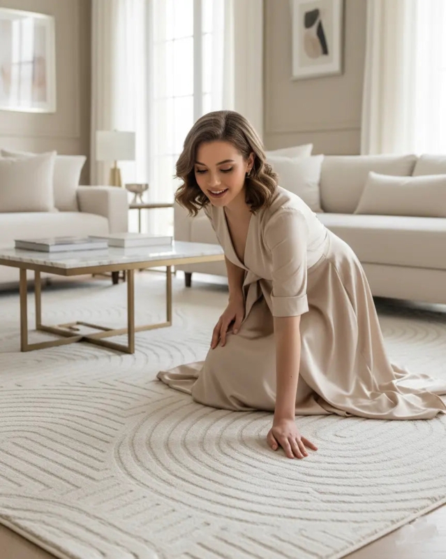 Area Rug Textured Surface Diamond Pattern High Low Pile Scandi Beige