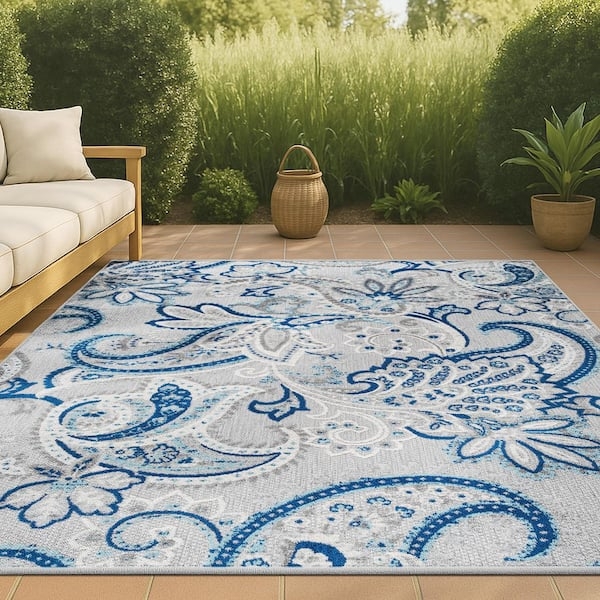 Area Rug Textured Surface Paisley Gray Blue Bohemian Outdoor
