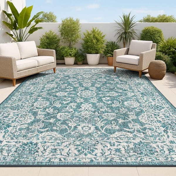 Area Rug Textured Weave Indoor Outdoor Bohemian Coastal Large Scale Floral