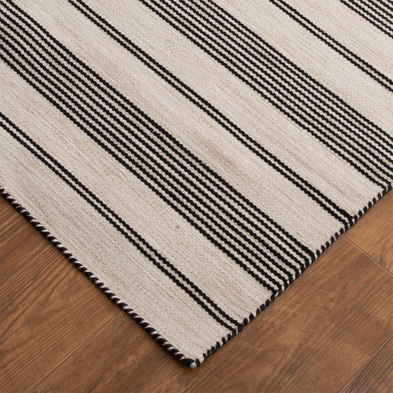 Area Rug Ticking Stripe Black Ivory Farmhouse Flatweave