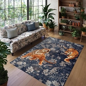 Area Rug Tiger Motif Navy Botanical Symmetrical Print Maximalist