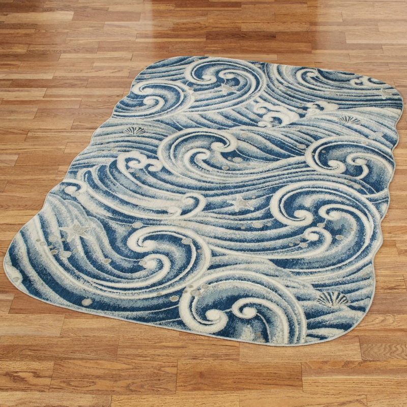 Area Rug: Tonal Blue Fluid Wave and Scroll Pattern