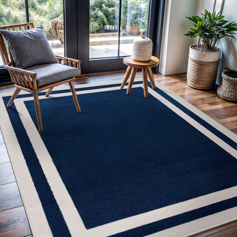 Area Rug Tonal Border Solid Navy Modern Living Room