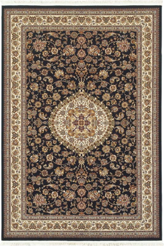 Area Rug Traditional Black Border Ivory Intricate Floral Medallion