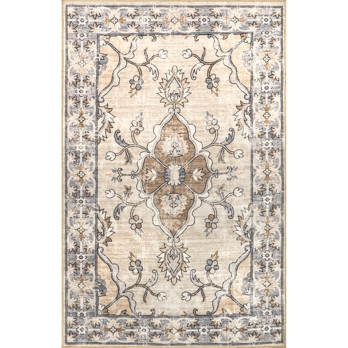 Area Rug Traditional Faded Blue Cream Distressed Medallion Washable