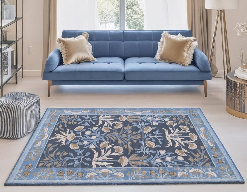 Area Rug Traditional Hand Tufted Wool Persian Floral Pattern Blue