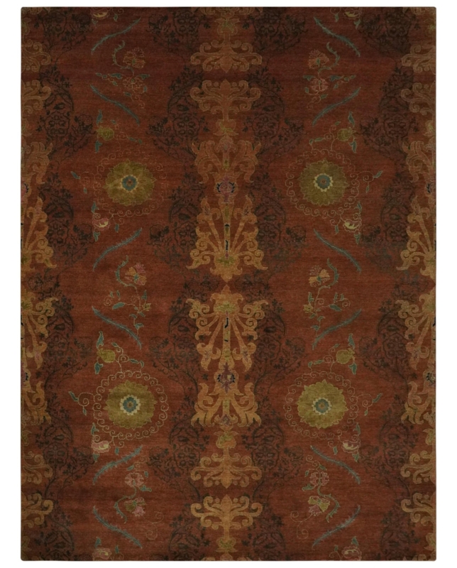 Area Rug Traditional Ikat Wool Rust Olive Brown Border