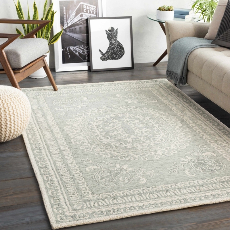 Area Rug: Traditional Ivory Wool with Sage Green Border