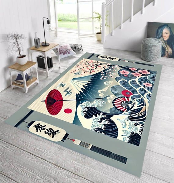 Area Rug Traditional Japanese Landscape Crane Motif Multi Panel Navy