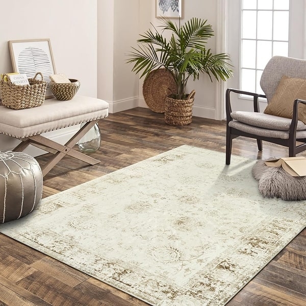 Area Rug Traditional Khaki Palette Medallion Floral Ornate Border