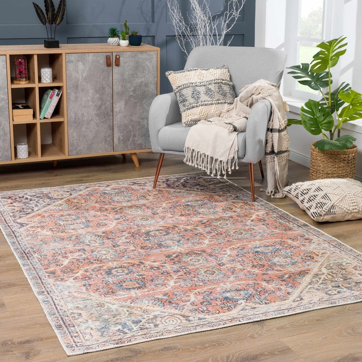 Area Rug Traditional Medallion Distressed Peach Purple Beige Washable
