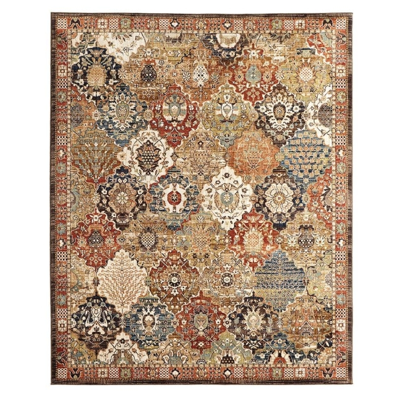 Area Rug Traditional Medallion Patchwork Navy Burgundy Tan