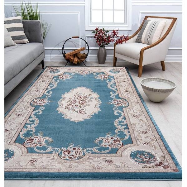 Area Rug Traditional Navy Blue Cream High Contrast Border