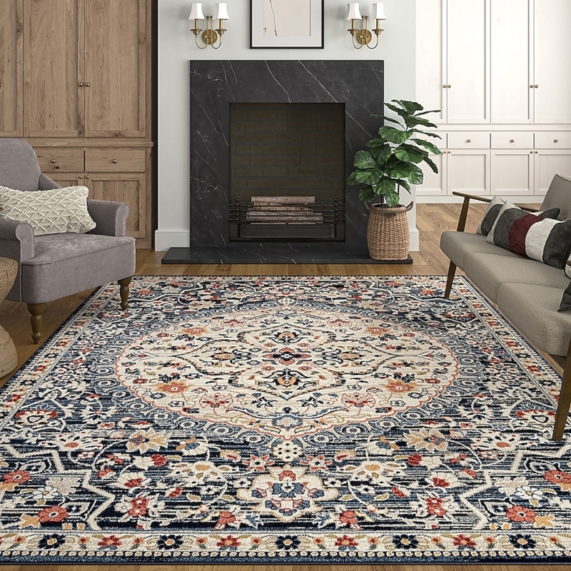 Area Rug Traditional Navy Blue Medallion Ornate Border Modern Farmhouse