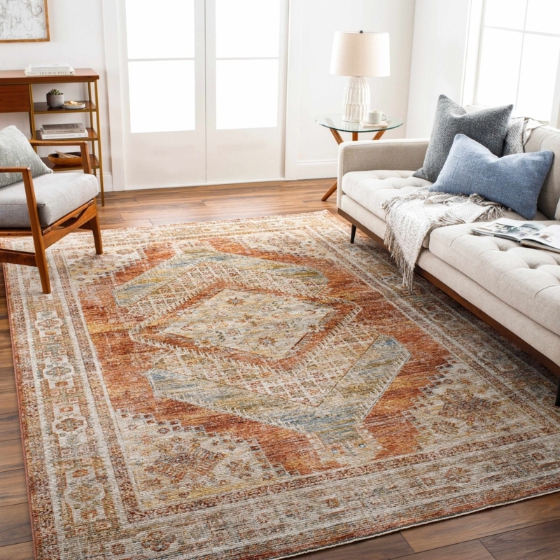 Area Rug Traditional Navy Burnt Orange Distressed Medallion Low Pile