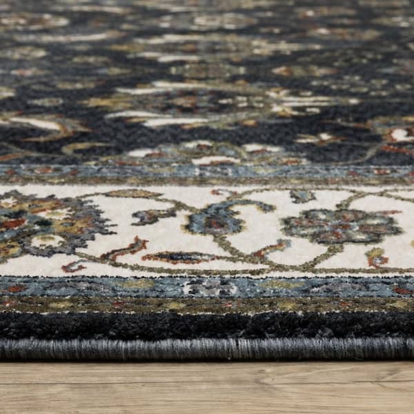 Area Rug Traditional Navy Ivory Fringed Edges Oriental Medallion