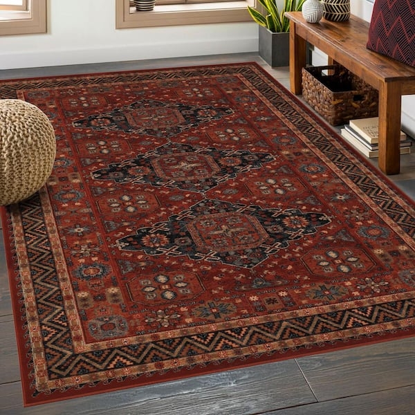 Area Rug Traditional Oriental Medallion Fringed Edges Vintage