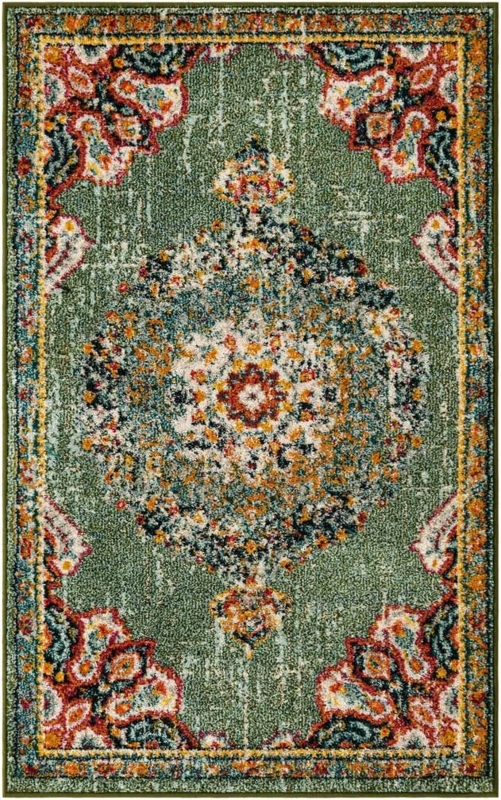 Area Rug, Traditional Sage Green Floral Oriental Border, Matte Finish