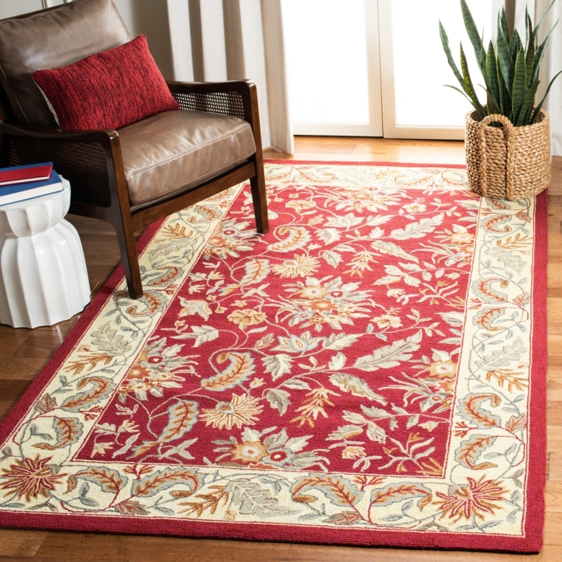 Area Rug: Traditional Square Red with Floral Border, Dense Pile.