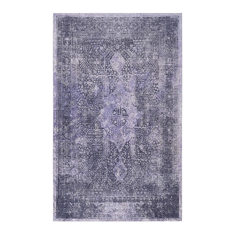 Area Rug Transitional Anthracite Color Faded Medallion Motif Distressed