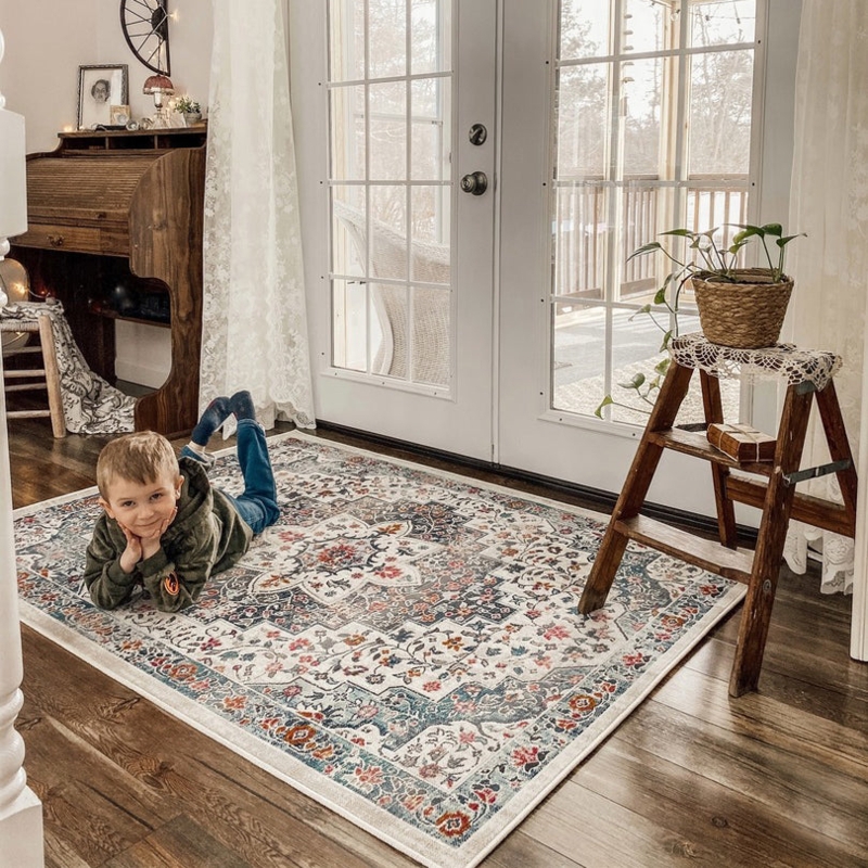 Area Rug, Transitional Blue Faded Oriental Motif, Low Pile