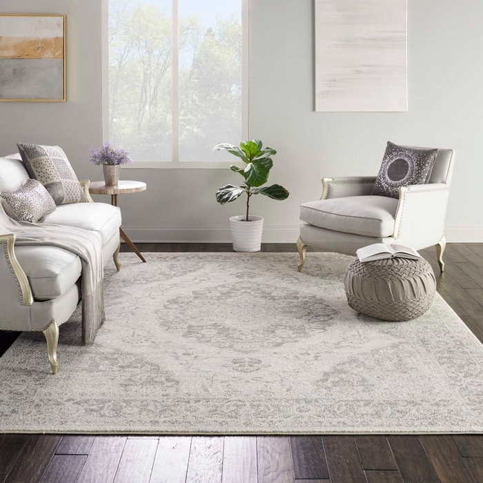 Area Rug: Transitional Distressed Floral Pattern, Ivory Grey Tonality.