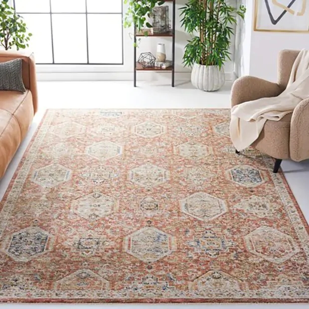 Area Rug Transitional Geometric Distressed Blue Burnt Orange Moody