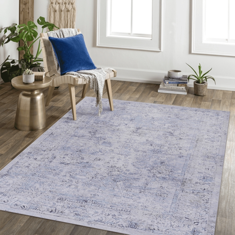 Area Rug Transitional Navy Floral Distressed Oriental Print Washable