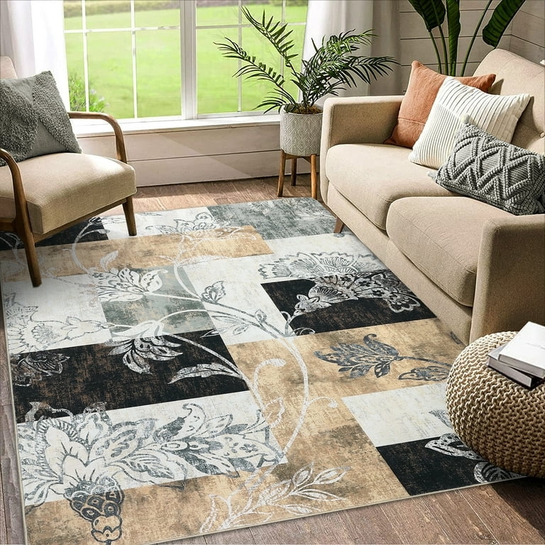 Area Rug Transitional Patchwork Plaid Brown Beige Washable