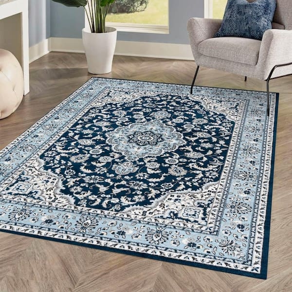 Area Rug Transitional Persian Styling Navy Floral Medallion