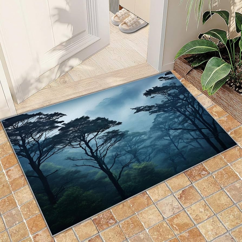 Area Rug Tree Silhouettes Misty Blue Landscape Nature Print