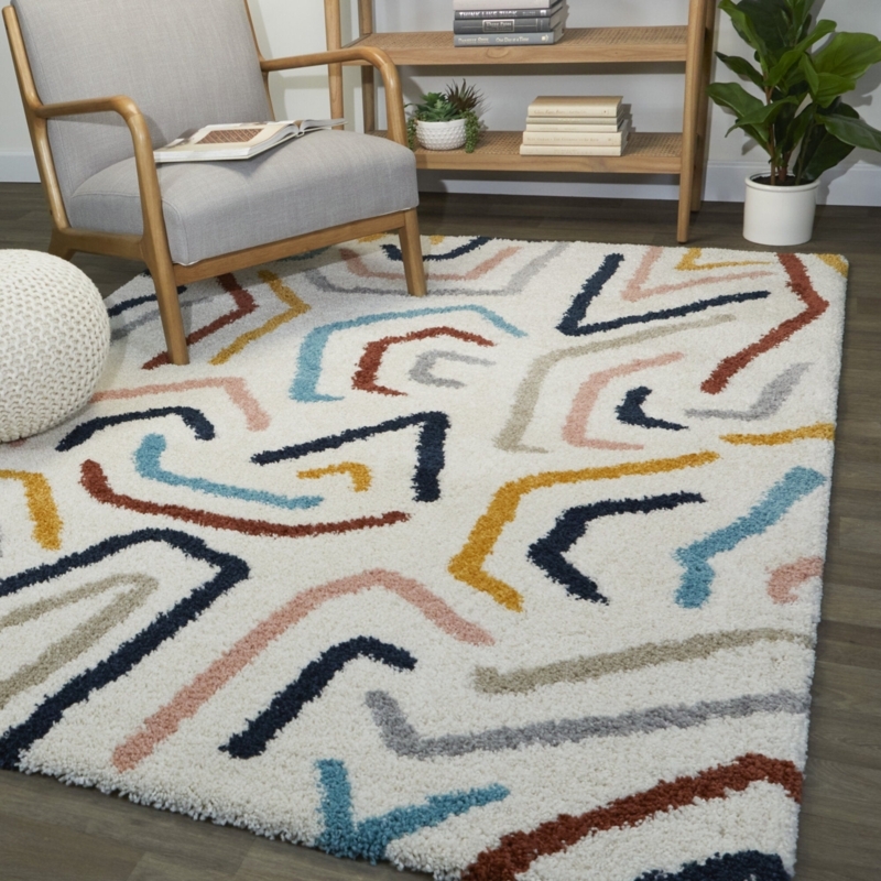 Area Rug Triangular Pattern High Pile Shag Scandinavian Neutral Area Rug