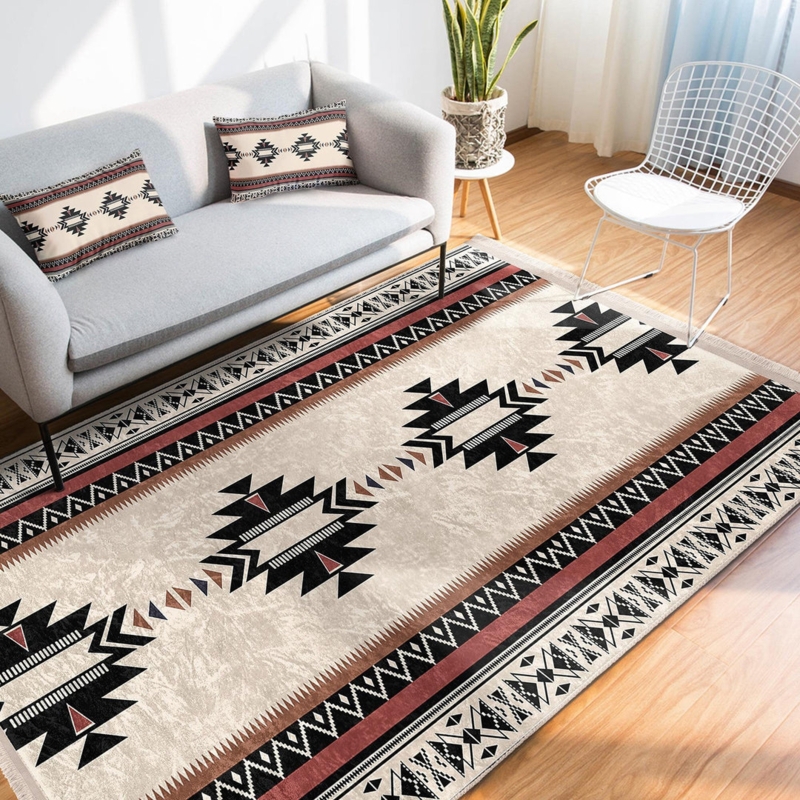 Area Rug Tribal Geometry Fringed Detail Southwestern Print