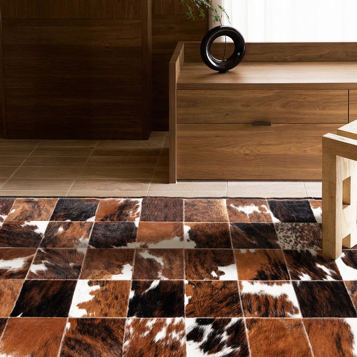 Area Rug Tricolor Patchwork Cowhide Geometric Grid Rustic Hide