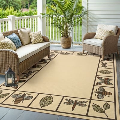 Area Rug Tropical Leaf Print Blue Cream Botanical Coastal Deck