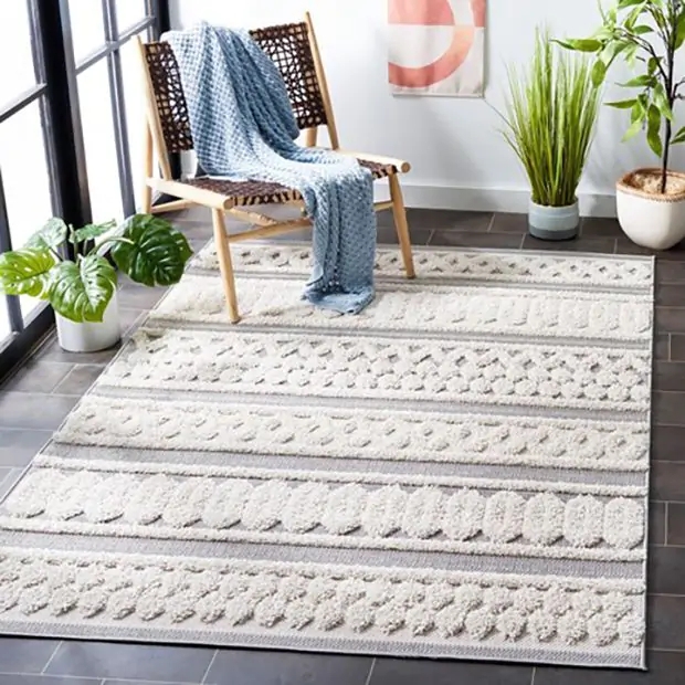 Area Rug Tufted Geometric High Low Pile Ivory Grey Outdoor