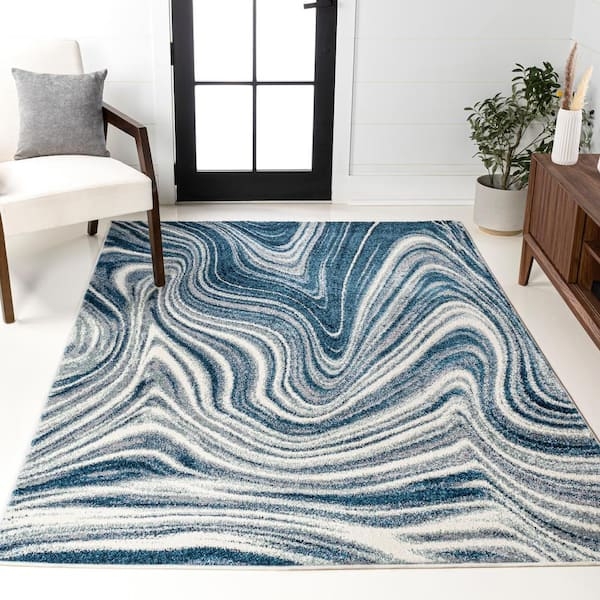 Area Rug Turquoise Color Abstract Marble Pattern Coastal Contemporary Floor Decor