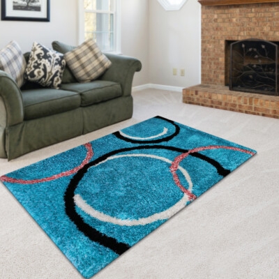 Area Rug: Turquoise Shag Trellis Geometric Pattern Hand Tufted Vibrant
