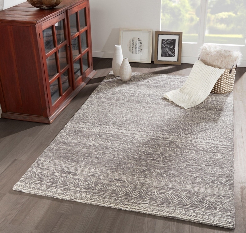 Area Rug Two Tone Medallion Grey Ivory Transitional Wool Hooked