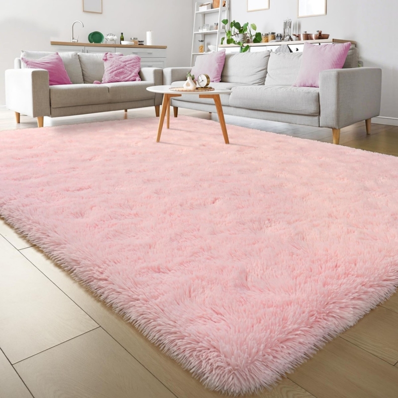 Area Rug: Ultra Soft Blush Pink Shaggy, Minimalist Bedroom Layout